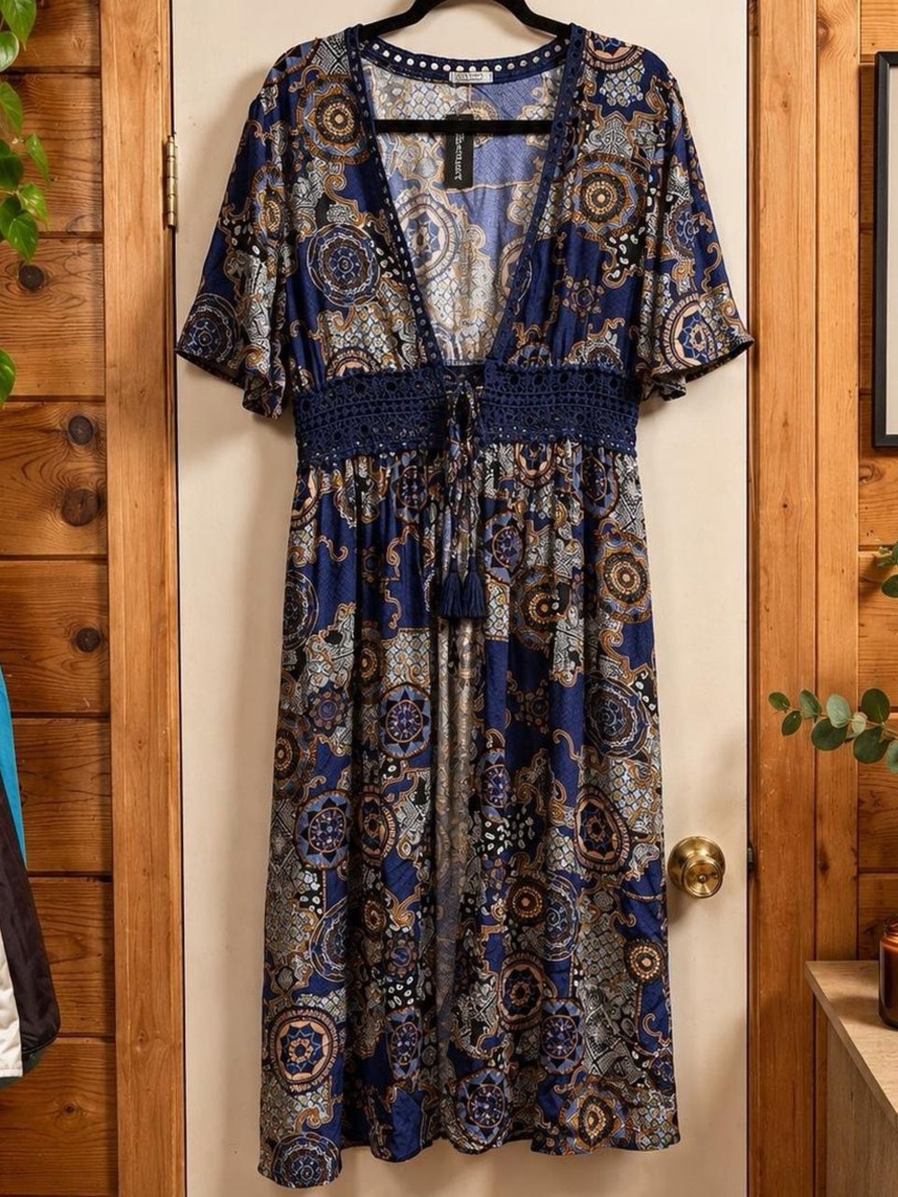 Boho Navy Paisley duster cardigan with Crochet Waist